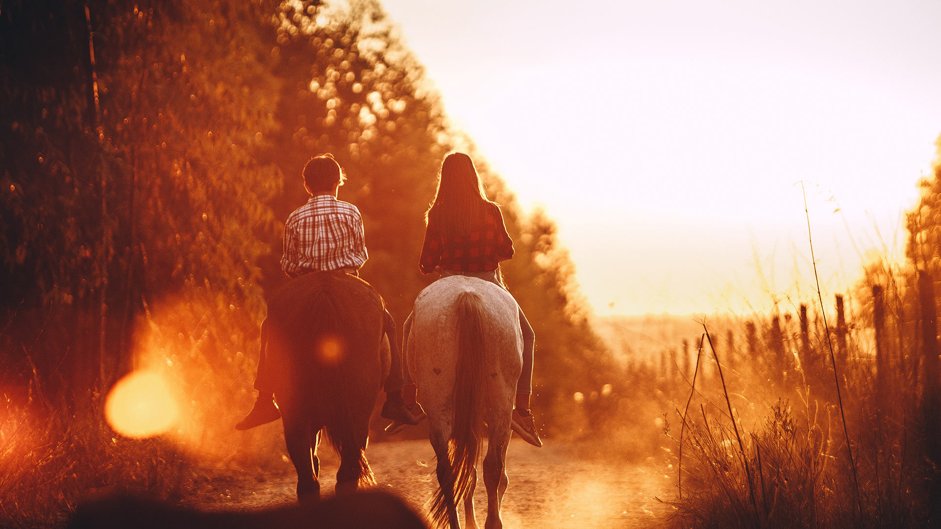 Dos personas disfrutando de la actividad de montar a caballo en Almería al atardecer 